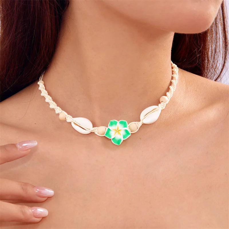 Bohemia Sea Shell Choker Necklace For Women Fashion Summer Sweet Flower Pendant Hand-woven Rope Neck Chain Jewelry Accessory