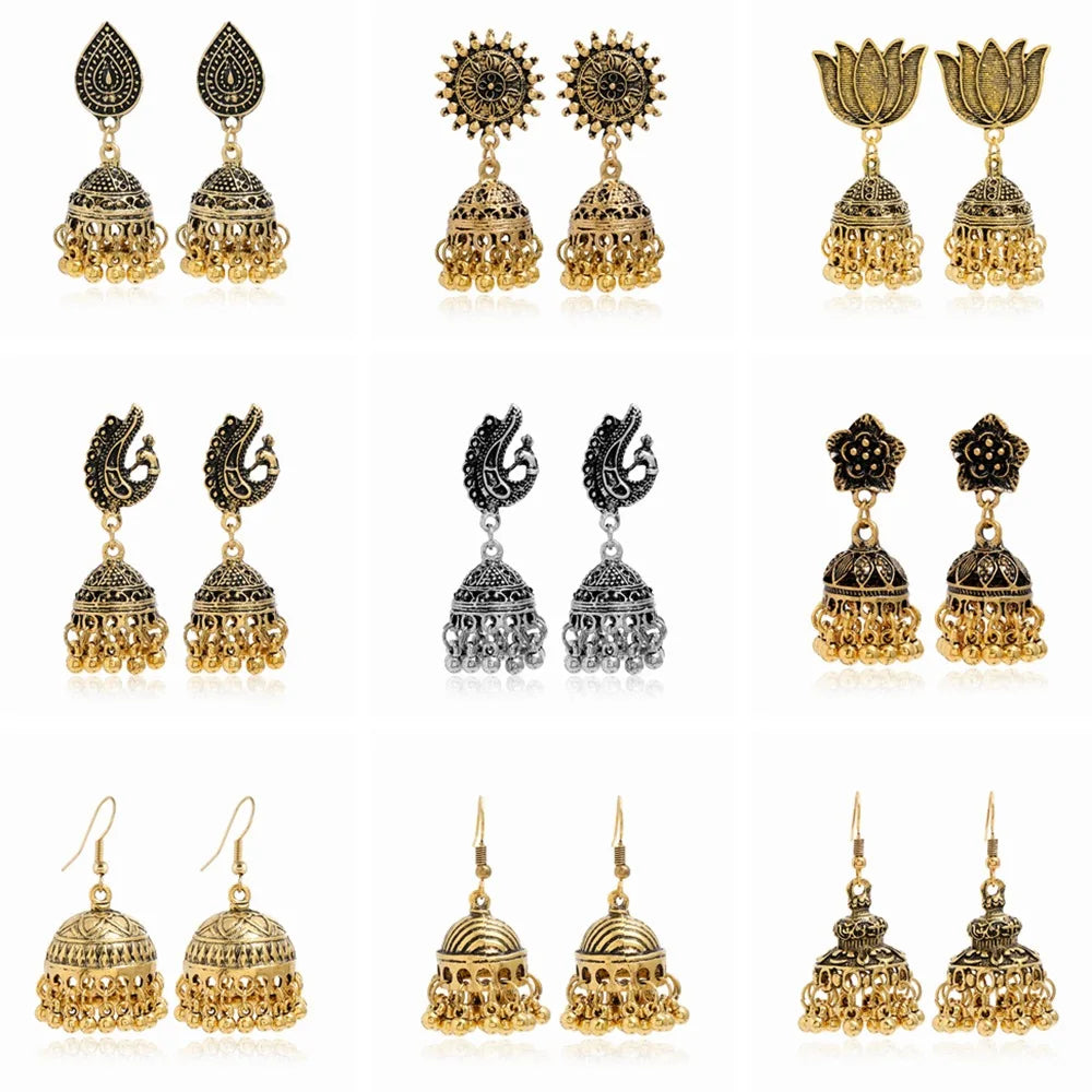 New Fashion Ethnic Style Alloy Retro Carved Beads Tassels Earrings Indian Jhumka Jewelry Women Daily Accessories