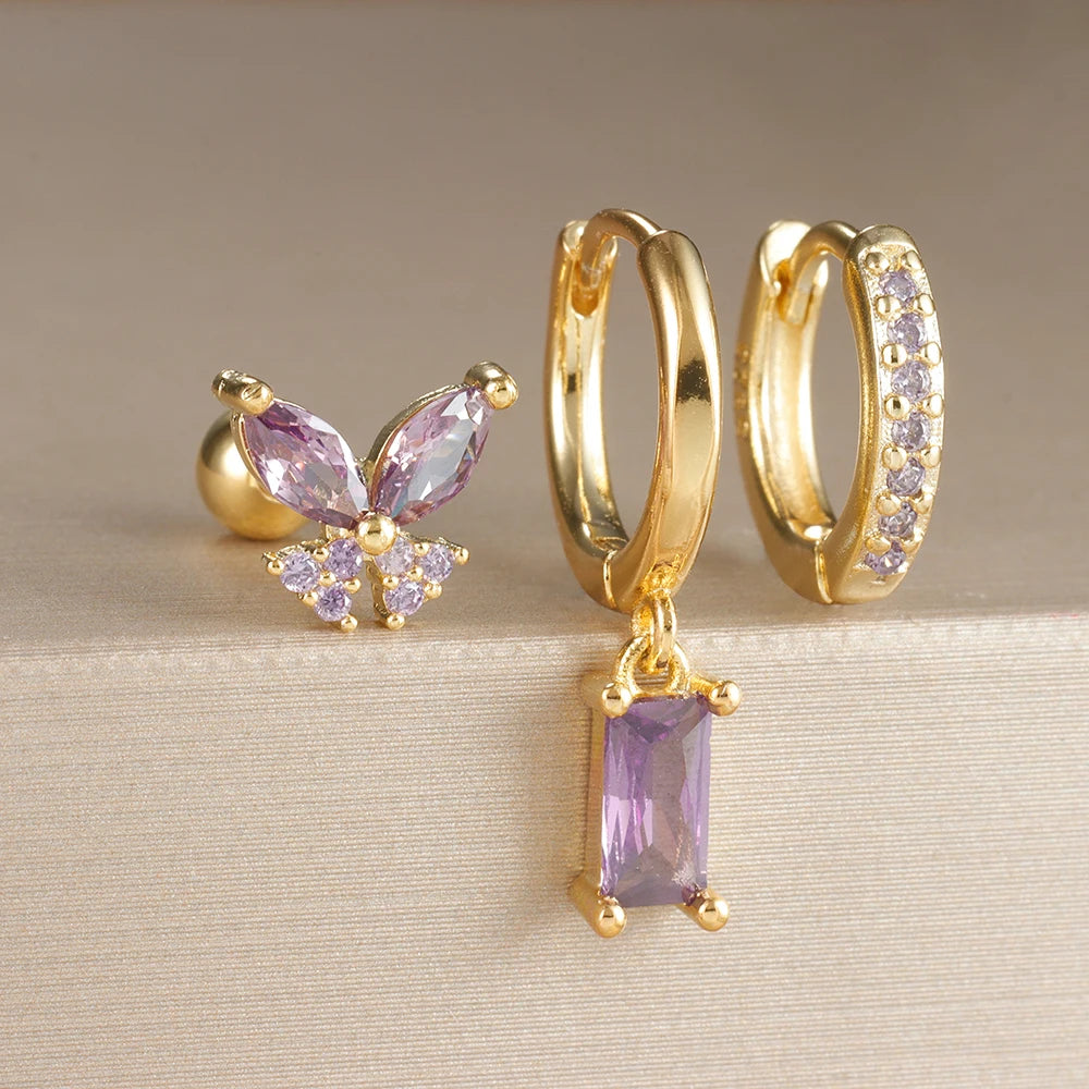 3PCS Fruit Butterfly Earrings Set for Women Girl Luxury Zircon Stainless Steel Cartilage Piercing Hoop Earring Statement Jewelry