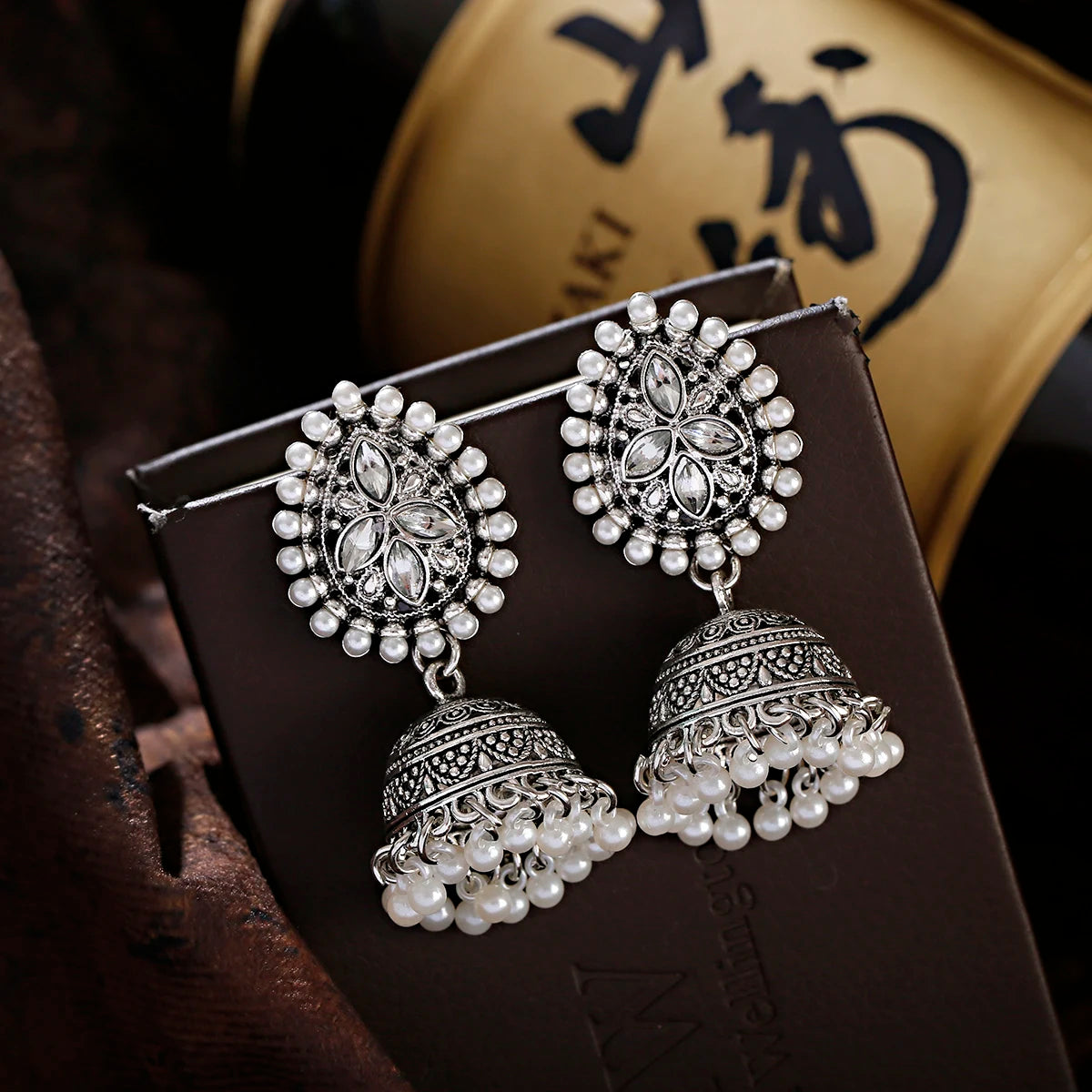 Retro Ethnic Silver Color Turkish Jhumka Earrings For Women Pendientes Pearl Tassel Classic Carved Indian Earrings Jewelry