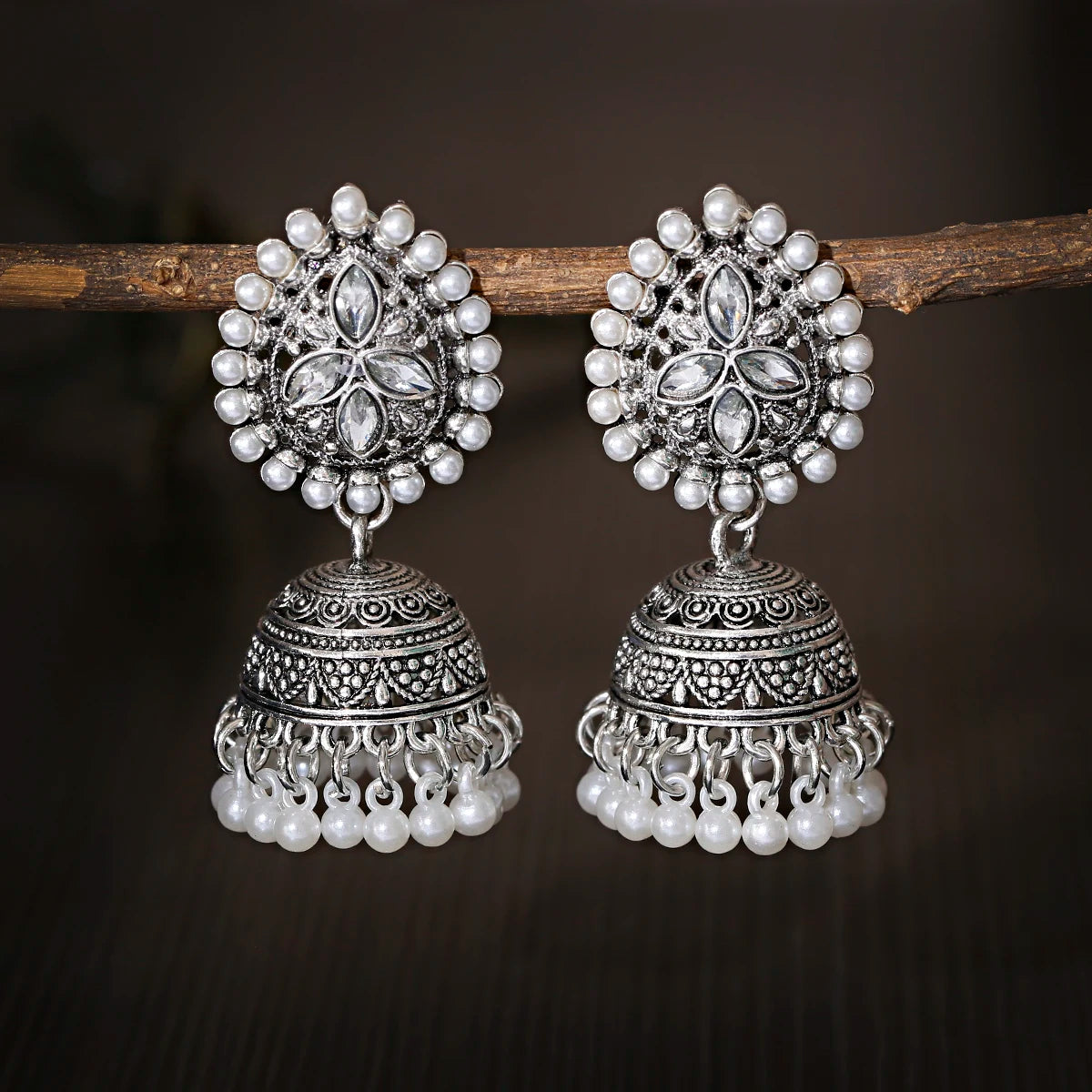 Retro Ethnic Silver Color Turkish Jhumka Earrings For Women Pendientes Pearl Tassel Classic Carved Indian Earrings Jewelry