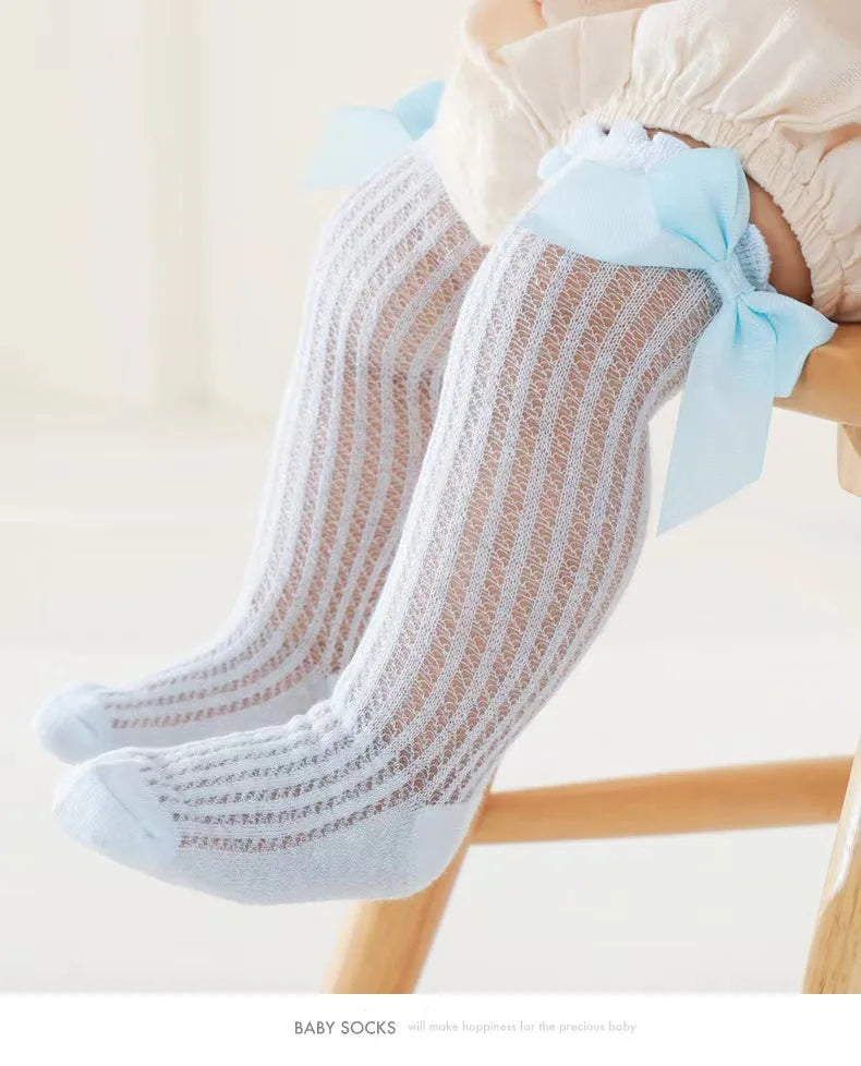 Summer Ultra-thin Mesh Socks Baby Girl Mosquito Resistant Knee Sock Cute Newborn Pink Bow Hollow Cotton Baby Clothes New Born