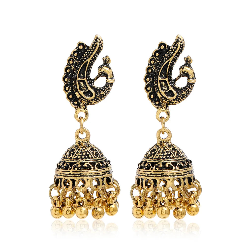New Fashion Ethnic Style Alloy Retro Carved Beads Tassels Earrings Indian Jhumka Jewelry Women Daily Accessories