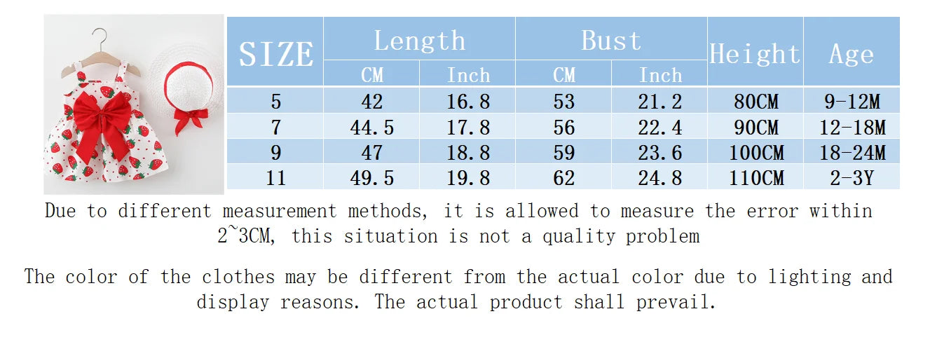 Summer Baby Girl Dress Sweet Hanging Strap Strawberry Print Big Bow Cotton Cloth Dress Comes with Same Hat as a Gift