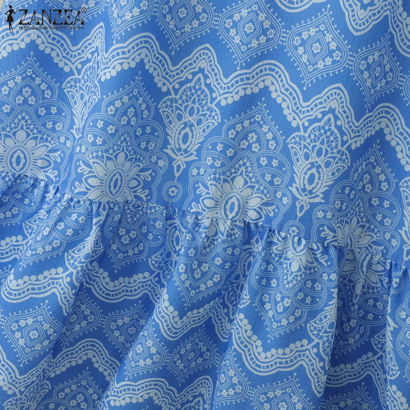 ZANZEA Womens Vintage Ethnic Printing Knee-Length Dresses Summer Casual O-Neck Puff Sleeve Ruffled Hem Robes Vacation Dress