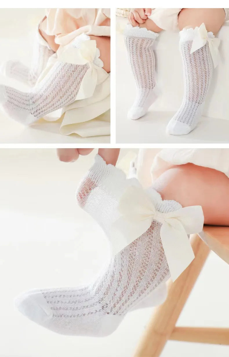 Summer Ultra-thin Mesh Socks Baby Girl Mosquito Resistant Knee Sock Cute Newborn Pink Bow Hollow Cotton Baby Clothes New Born