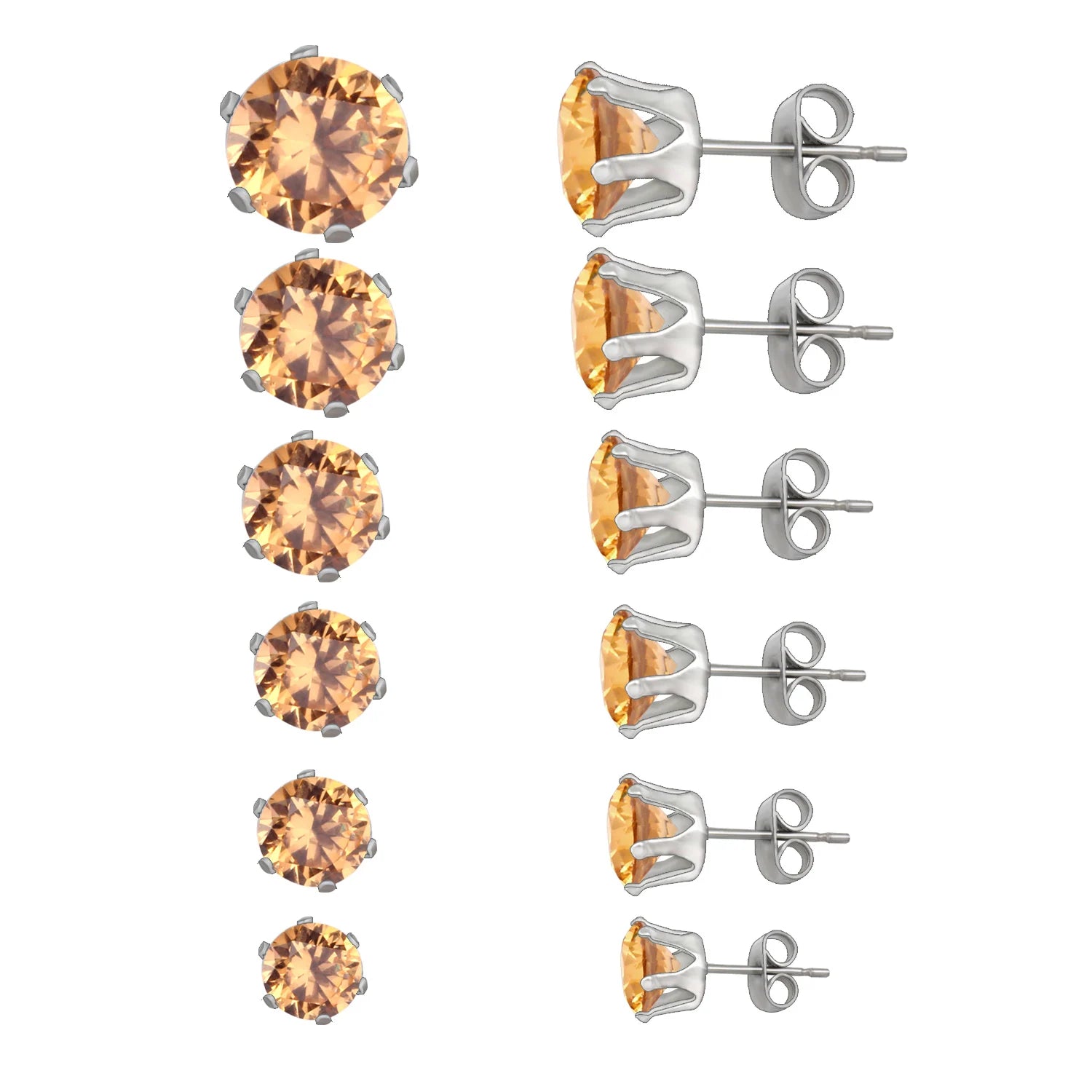 LUXUSTEEL 6Pairs/Set CZ Stud Earrings Stainless Steel Round White Cubic Zirconia Hypoallergenic 6 Claws Earring Trendy Jewelry