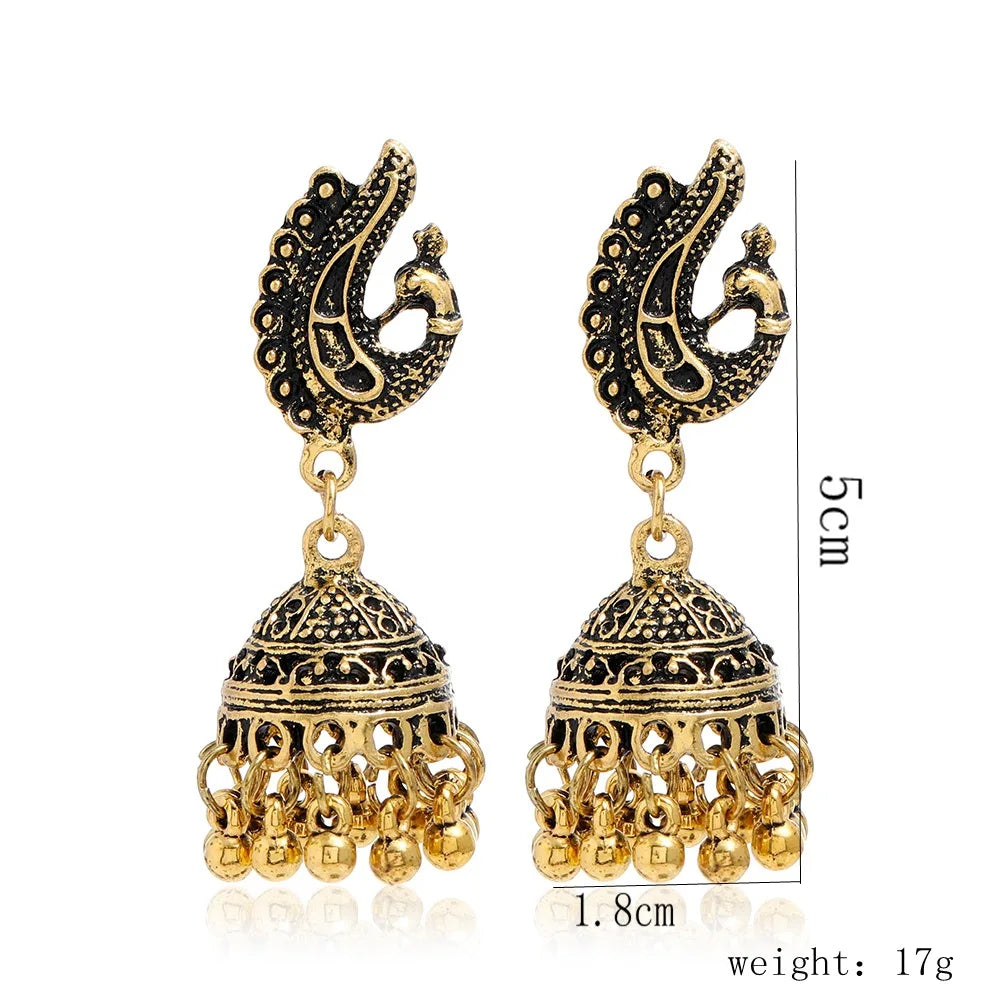 New Fashion Ethnic Style Alloy Retro Carved Beads Tassels Earrings Indian Jhumka Jewelry Women Daily Accessories