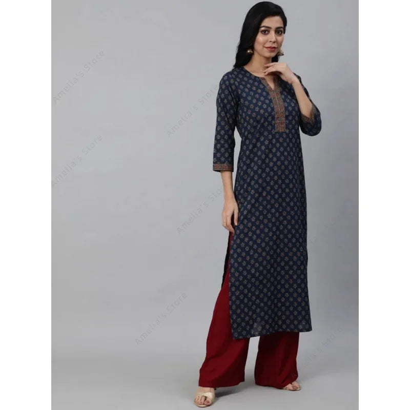Indian Ethnic Women's Printed Kurta Top Lightweight Flannel Cotton with Three-Quarter Sleeves 4 Color Options India Dress