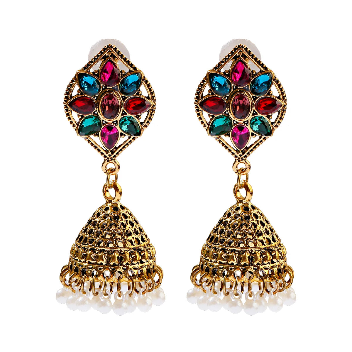 Ethnic Retro Geometric Turkish Jhumka Earrings For Women Indian Jewelry Flower Gold Color Bell Tassel Dangling Earrings