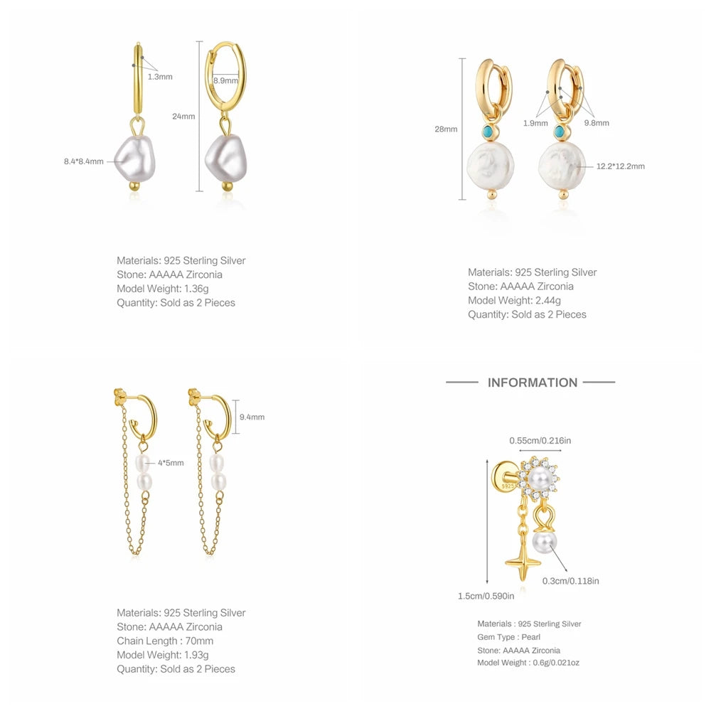 ROXI 925 Sterling Silver Pearls Earrings For Women Wedding Fine Jewelry Piercing Earrings Hoops Bohemia Pendientes Plata Earings