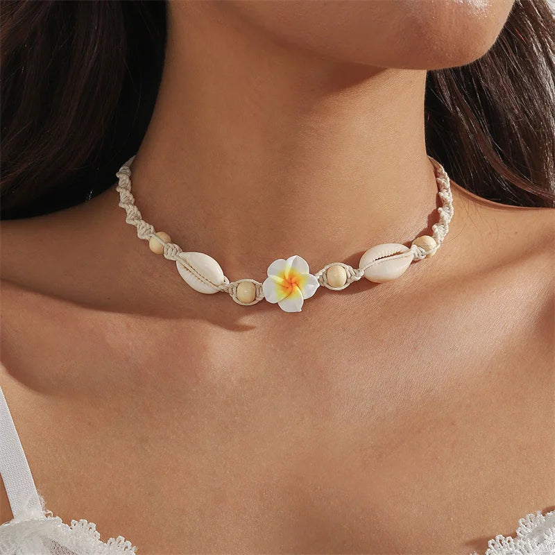 Bohemia Sea Shell Choker Necklace For Women Fashion Summer Sweet Flower Pendant Hand-woven Rope Neck Chain Jewelry Accessory
