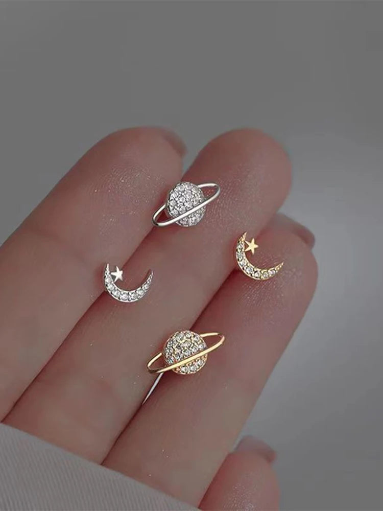 Simple Piercing Stud Earrings for Women Star Moon Zircon 925 Silver Needles Tragus Cartilage Asymmetry Pendiente Plata Jewelry