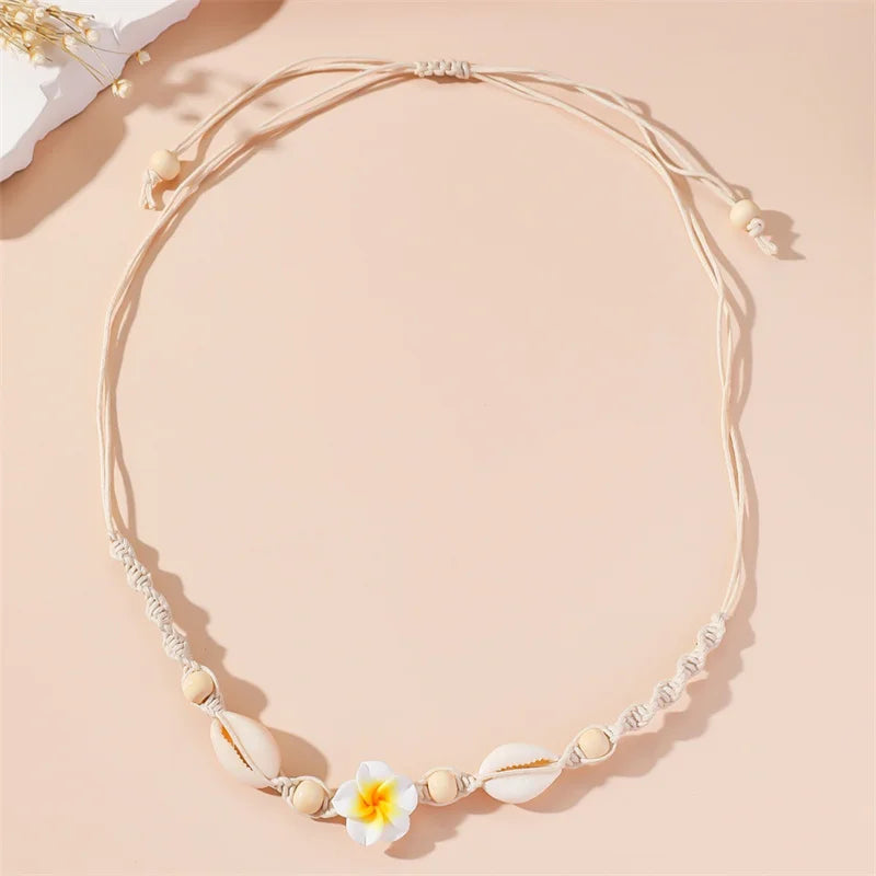 Bohemia Sea Shell Choker Necklace For Women Fashion Summer Sweet Flower Pendant Hand-woven Rope Neck Chain Jewelry Accessory