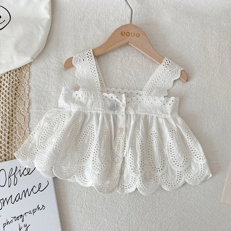 MILANCEL New Summer Kids Clothes Set Girls Cute Hollow Vest Top + Denim Shorts Children Thin Style Outwear 2PCS