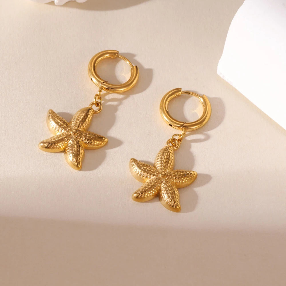 2025 Summer Gold Color Stainless Steel Shell Starfish Crab Drop Earrings For Women Beach Ocean Hoop Drop Stud