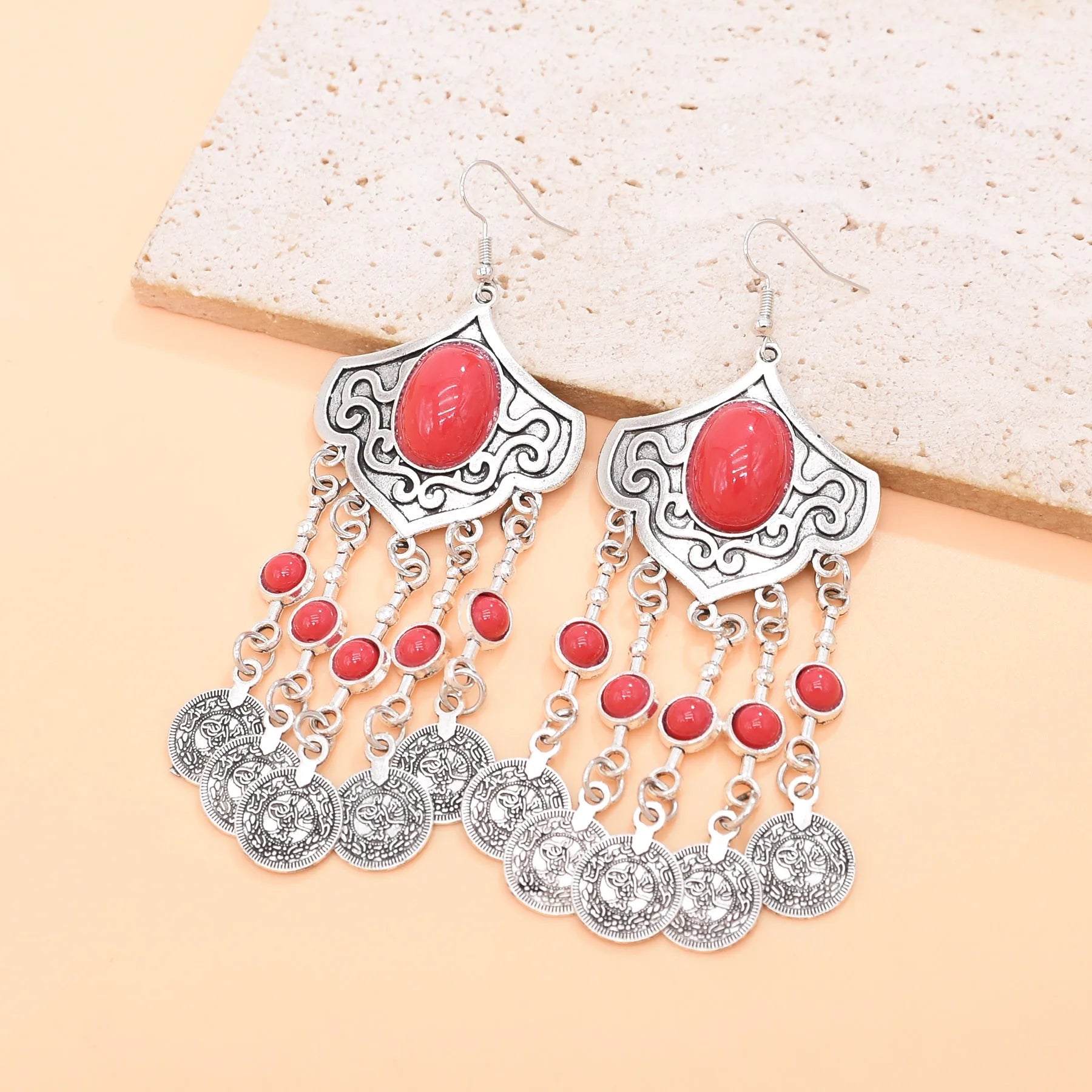 Boho Ethnic Long Coins Tassel Drop Earrings For Women Colorful Turquoise Geometric Carving Fashion Jewelry India Cypay Accessory