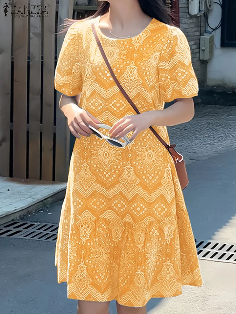 ZANZEA Womens Vintage Ethnic Printing Knee-Length Dresses Summer Casual O-Neck Puff Sleeve Ruffled Hem Robes Vacation Dress