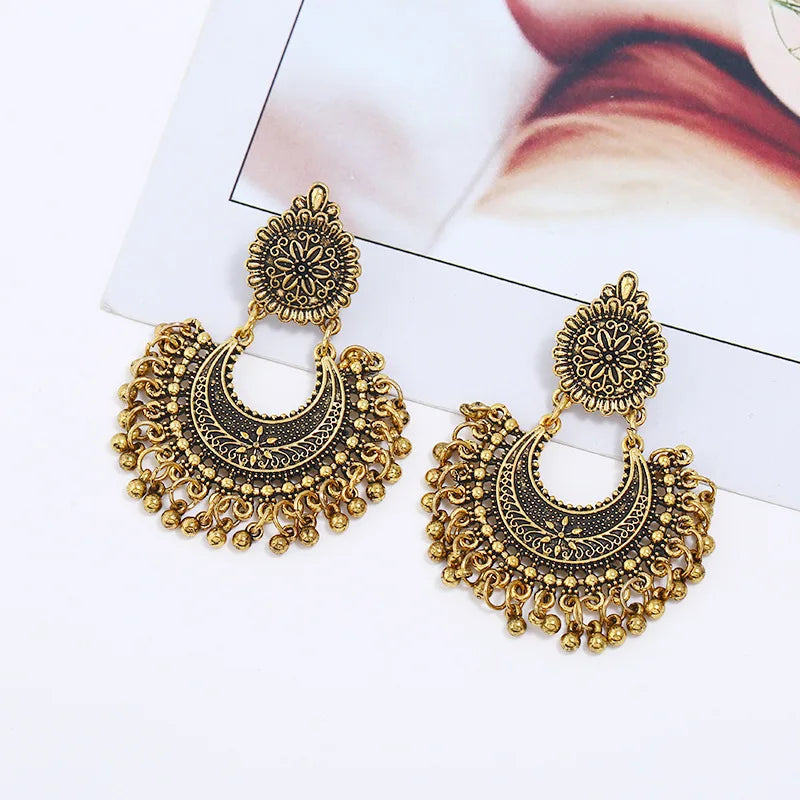 Indian Jhumka Earrings Jewelry Ethnic Retro Antique Silver Color Alloy Carved Beads Tassel Earrings For Women Daily Accessories