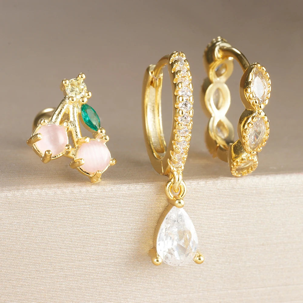 3PCS Fruit Butterfly Earrings Set for Women Girl Luxury Zircon Stainless Steel Cartilage Piercing Hoop Earring Statement Jewelry