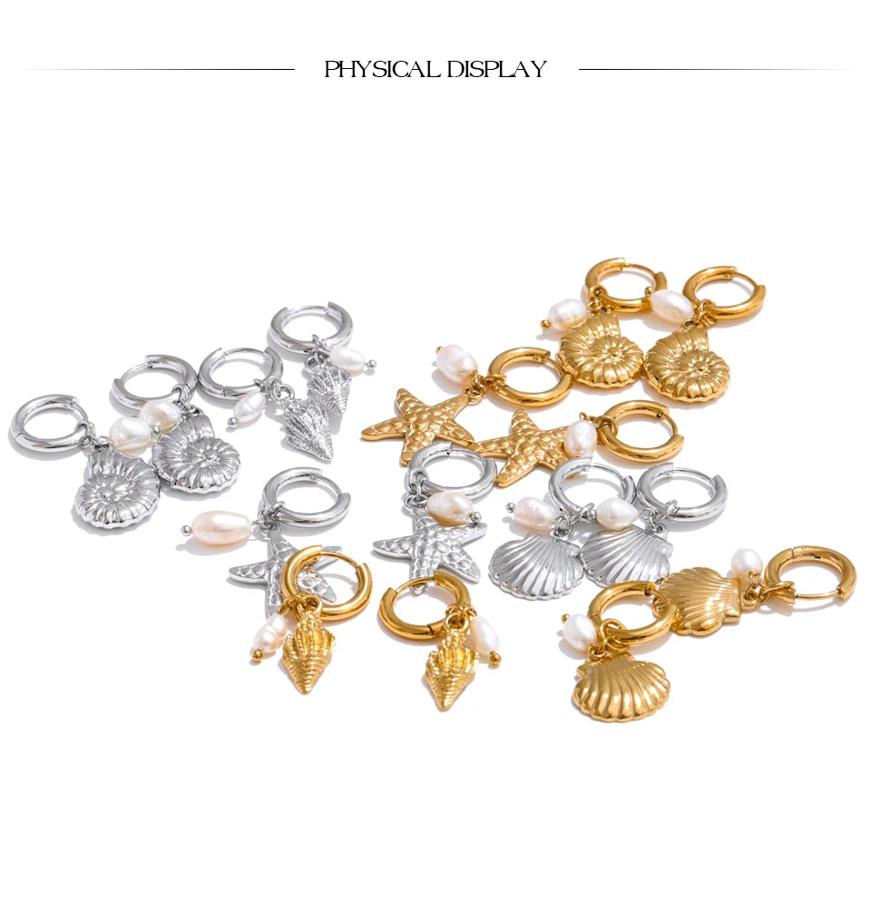 Yhpup Ocean Style Natural Pearl Conch Shell Starfish Drop Summer Hoop Earrings for Women Stainless Steel Holiday Daily Jewelry