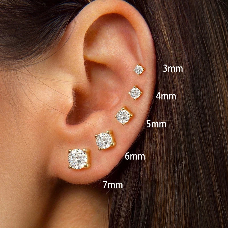 Real 925 Sterling Silver 3mm 4mm 5mm 6mm 7mm Ins CZ Zircon Stud Earrings for Women 18k Gold Plated Fine Jewelry Gift for Girls