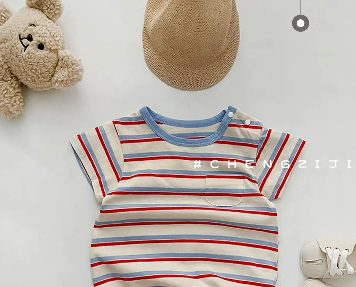 Summer New Baby Short Sleeve Striped Romper Newborn Toddler Cotton Casual Jumpsuit Infant Boy Girl Clothes 0-24 Months