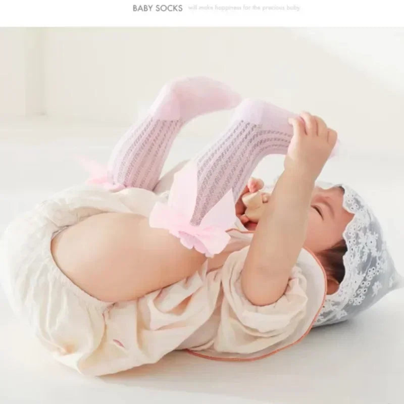 Summer Ultra-thin Mesh Socks Baby Girl Mosquito Resistant Knee Sock Cute Newborn Pink Bow Hollow Cotton Baby Clothes New Born