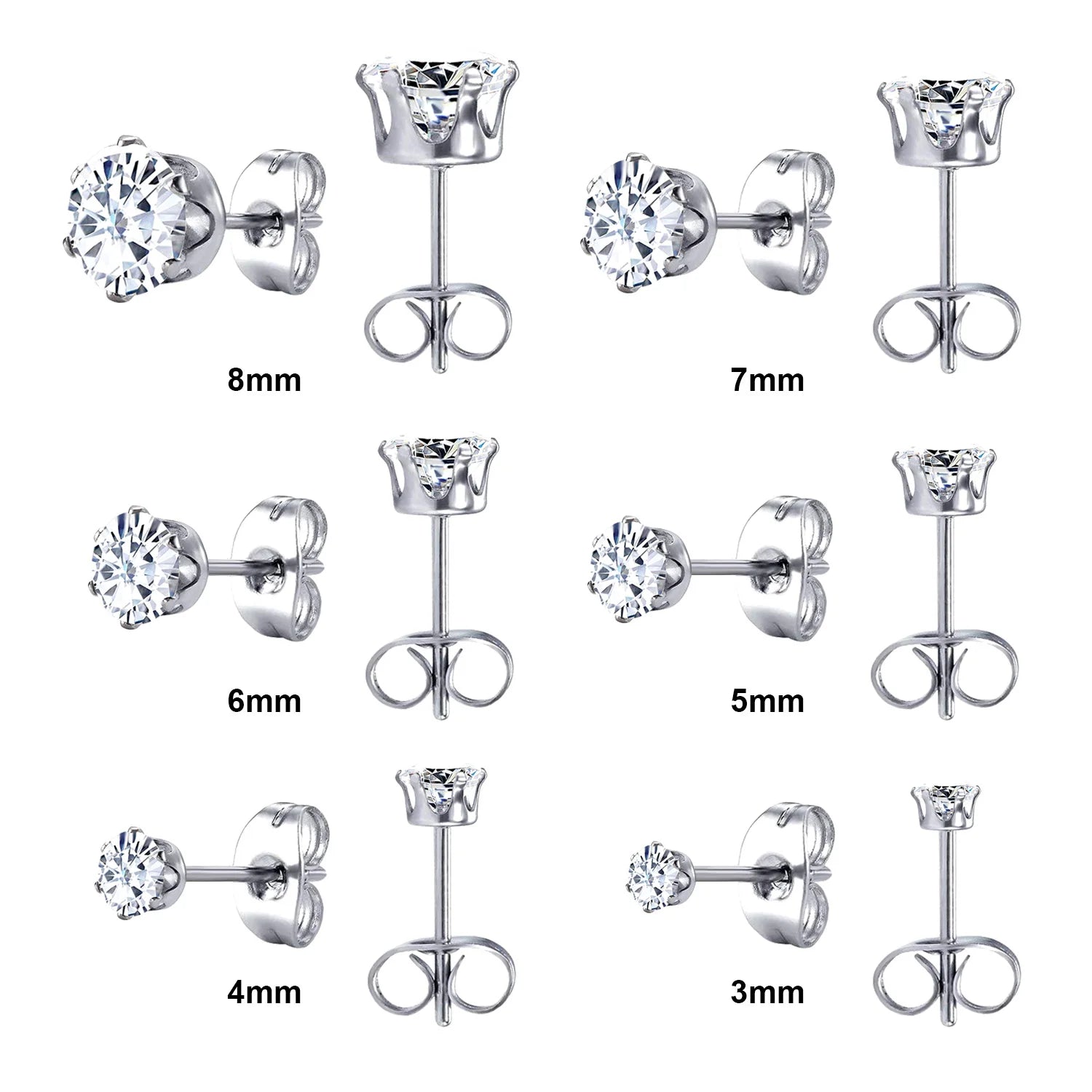 LUXUSTEEL 6Pairs/Set CZ Stud Earrings Stainless Steel Round White Cubic Zirconia Hypoallergenic 6 Claws Earring Trendy Jewelry