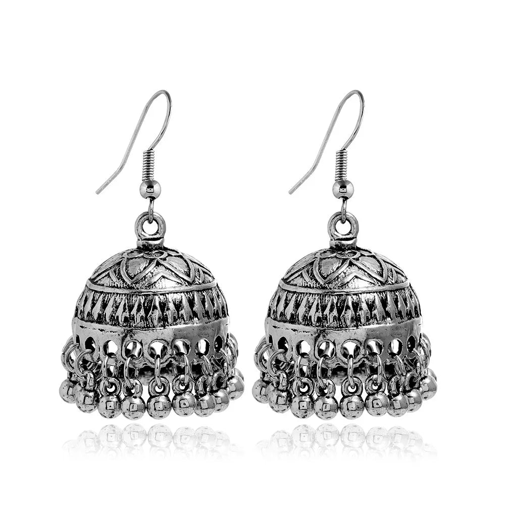 New Fashion Ethnic Style Alloy Retro Carved Beads Tassels Earrings Indian Jhumka Jewelry Women Daily Accessories