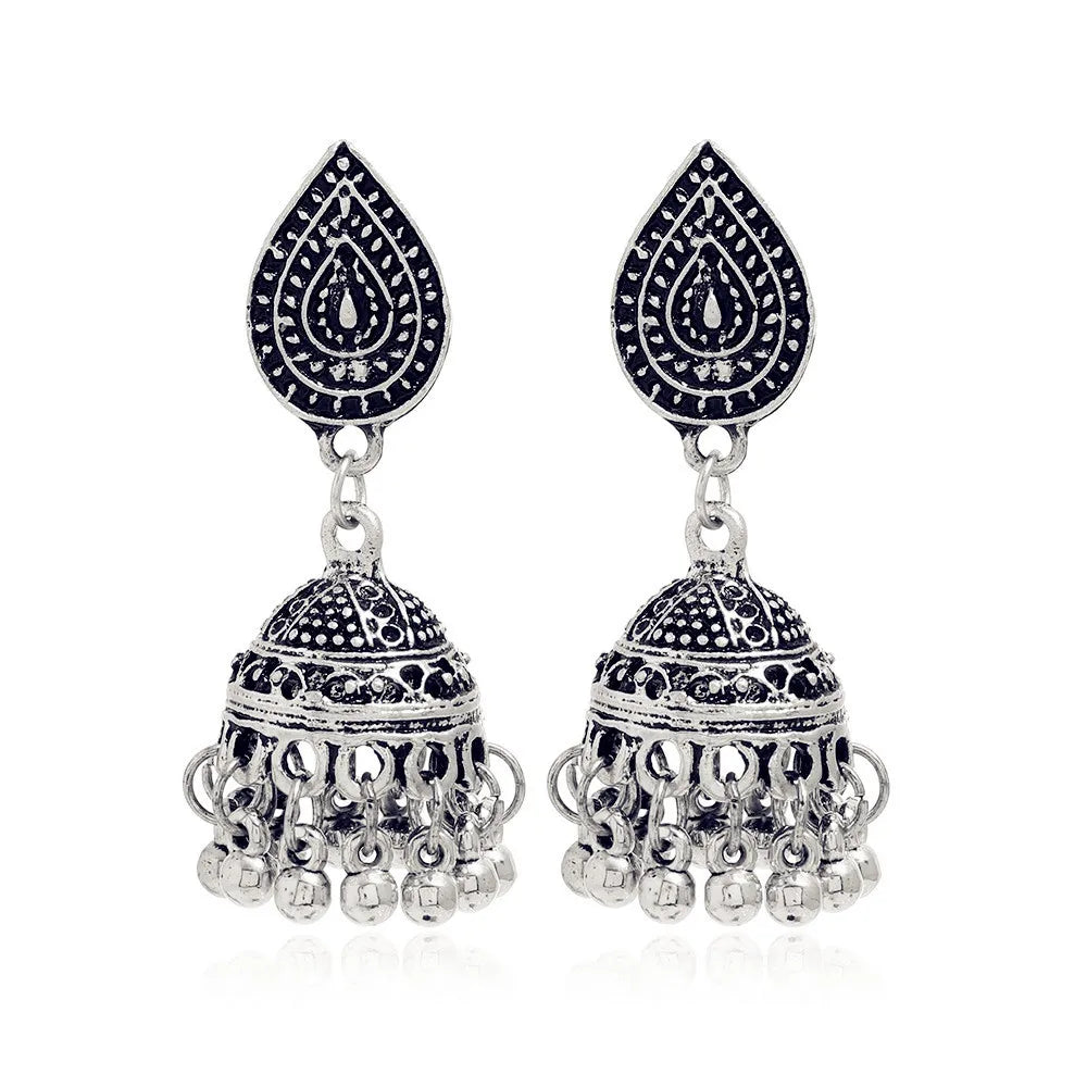New Fashion Ethnic Style Alloy Retro Carved Beads Tassels Earrings Indian Jhumka Jewelry Women Daily Accessories