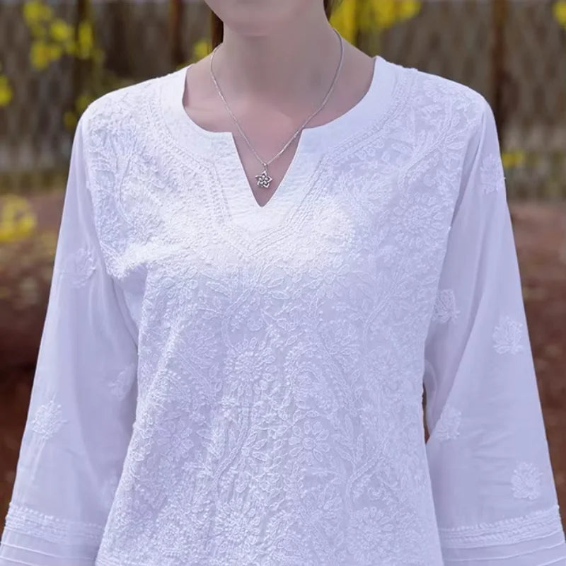 India Dress Classic Embroidered Hatha Yoga Meditation Ethnic Blouse Cotton White Indian Women Kurti Dresses Clothing Clothes