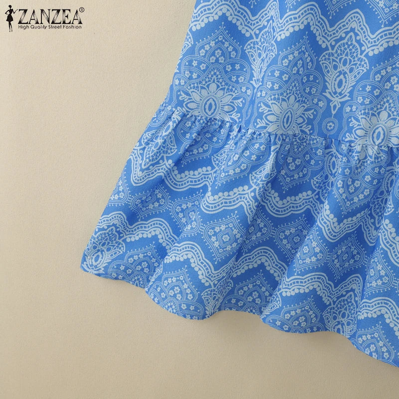 ZANZEA Womens Vintage Ethnic Printing Knee-Length Dresses Summer Casual O-Neck Puff Sleeve Ruffled Hem Robes Vacation Dress