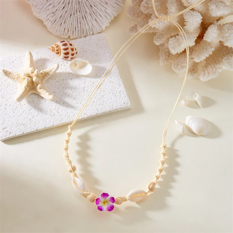 Bohemia Sea Shell Choker Necklace For Women Fashion Summer Sweet Flower Pendant Hand-woven Rope Neck Chain Jewelry Accessory