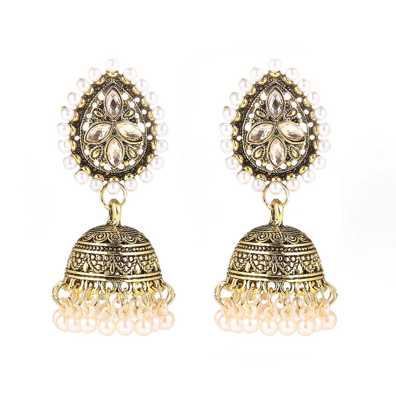 Vintage Waterdrop Design Inlaid Pearl Rhinestone Indian Earrings for Women Ethnic Boho Carved Small Bell Earrings Jhumka Jewelry