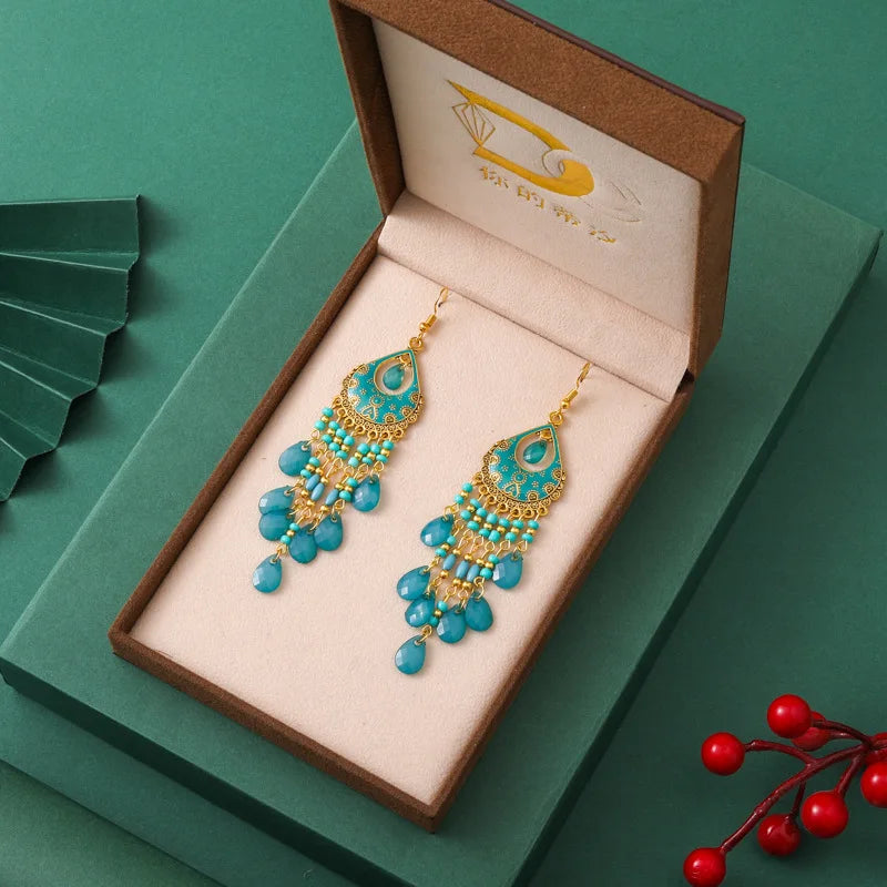 Bohemian Long Acrylic Waterdrop Tassel Earrings for Women Ethnic Multicolor Bead Drop Oil Handmade Dangle Earrings Boho Jewelry