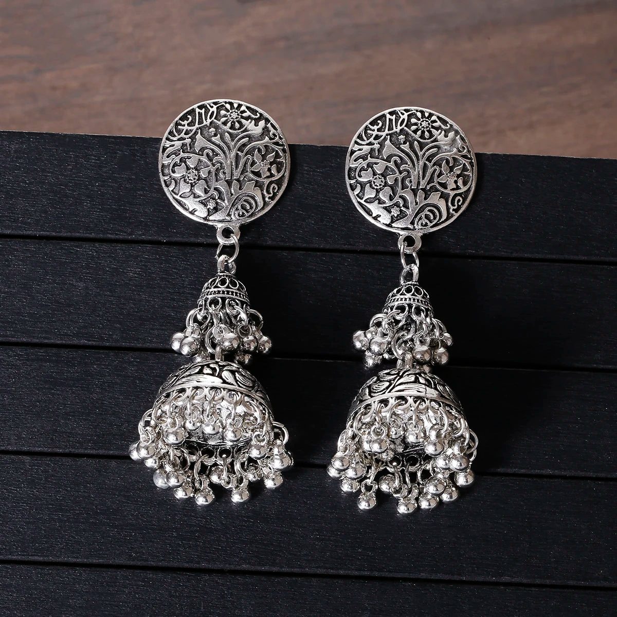Retro Ethnic Silver Color Turkish Jhumka Earrings For Women Pendientes Pearl Tassel Classic Carved Indian Earrings Jewelry