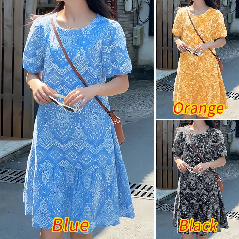 ZANZEA Womens Vintage Ethnic Printing Knee-Length Dresses Summer Casual O-Neck Puff Sleeve Ruffled Hem Robes Vacation Dress