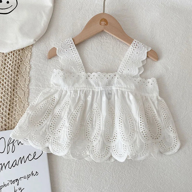 MILANCEL New Summer Kids Clothes Set Girls Cute Hollow Vest Top + Denim Shorts Children Thin Style Outwear 2PCS