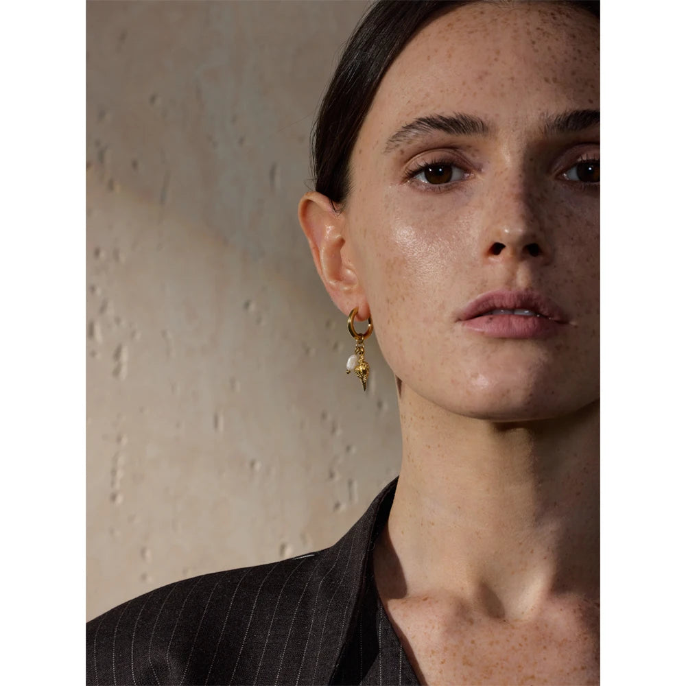 Yhpup Ocean Style Natural Pearl Conch Shell Starfish Drop Summer Hoop Earrings for Women Stainless Steel Holiday Daily Jewelry