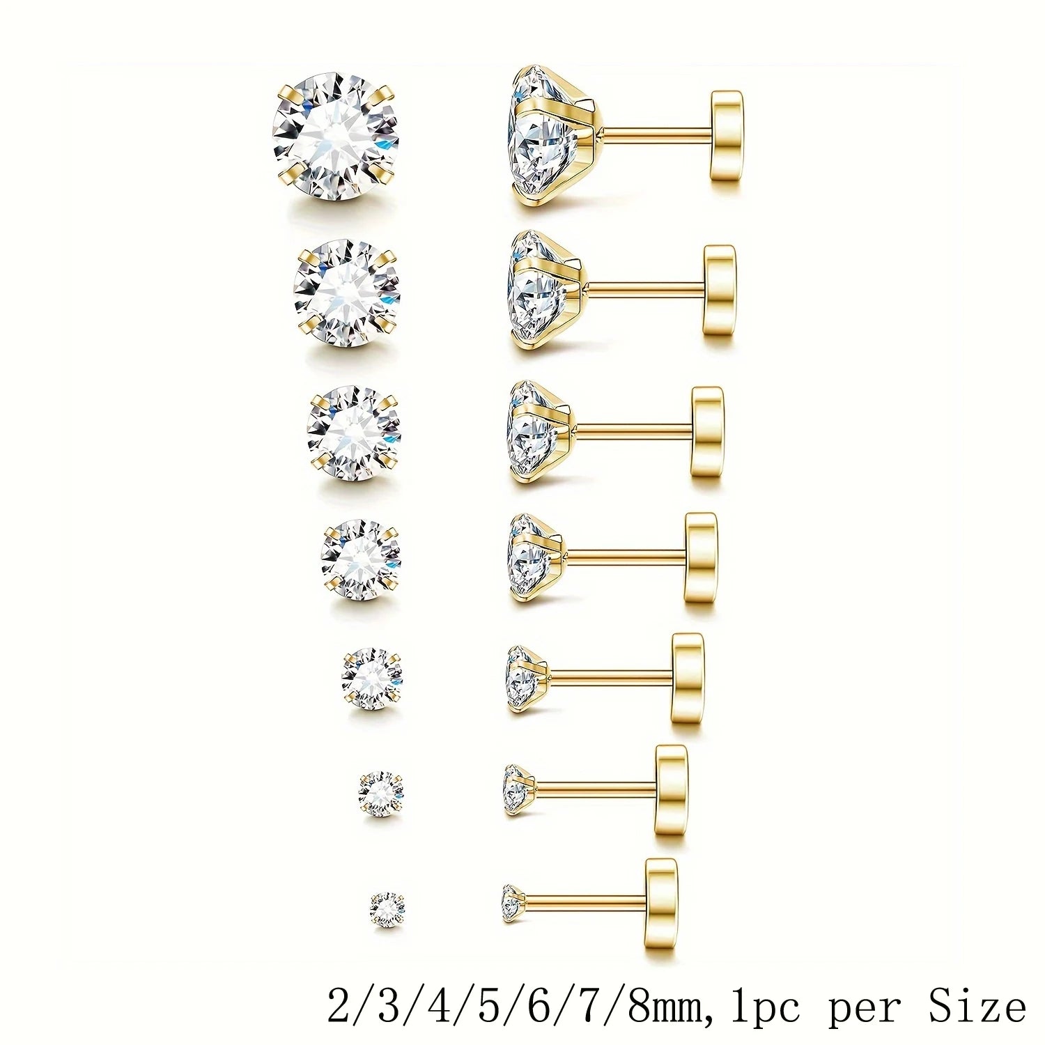 7pcs/Set Stainless Steel Crystal Flat Studs Women Men Bar Screw Back Tragus Round Clear Cubic Zirconia Piercing Earrings Jewelry