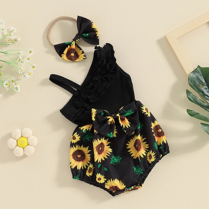 Pudcoco Baby Girl 2 Piece Outfits Sunflower Print Asymmetrical Sleeveless Romper Headband Set Cute Fashion Summer Clothes 0-12M