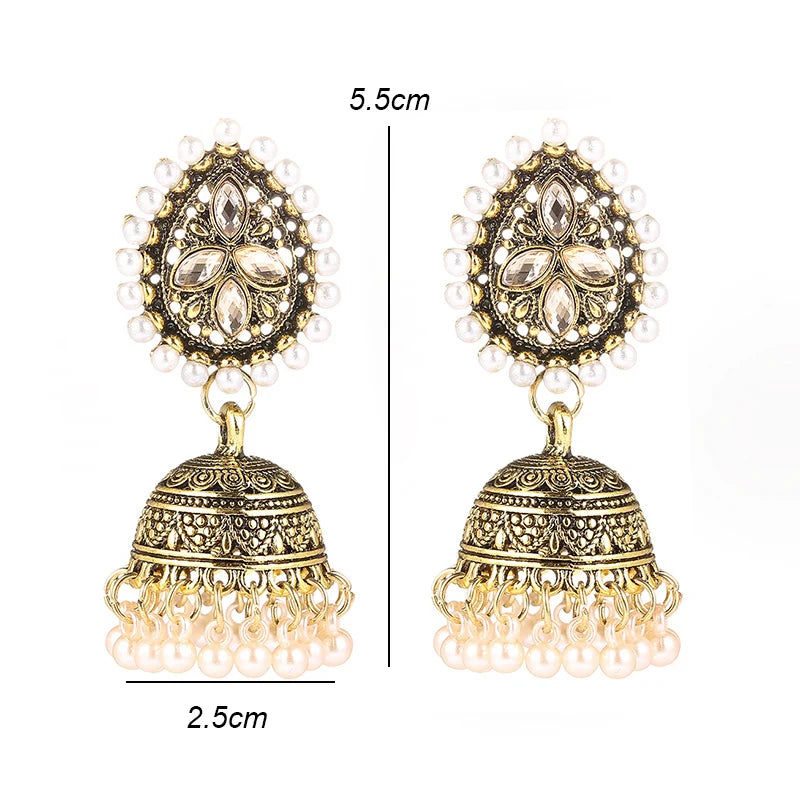 Vintage Waterdrop Design Inlaid Pearl Rhinestone Indian Earrings for Women Ethnic Boho Carved Small Bell Earrings Jhumka Jewelry