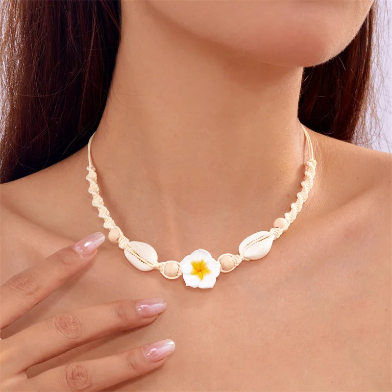 Bohemia Sea Shell Choker Necklace For Women Fashion Summer Sweet Flower Pendant Hand-woven Rope Neck Chain Jewelry Accessory