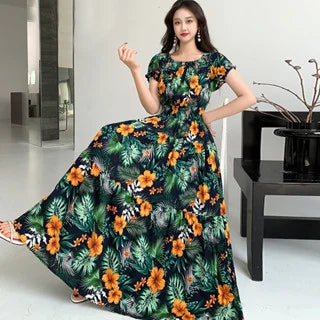 THHONE Vestidos Robe Maxi Long Dress Women Summer Indian Clothes Bohemian Cotton Linen Floral Short Sleeve Korean Style Casual