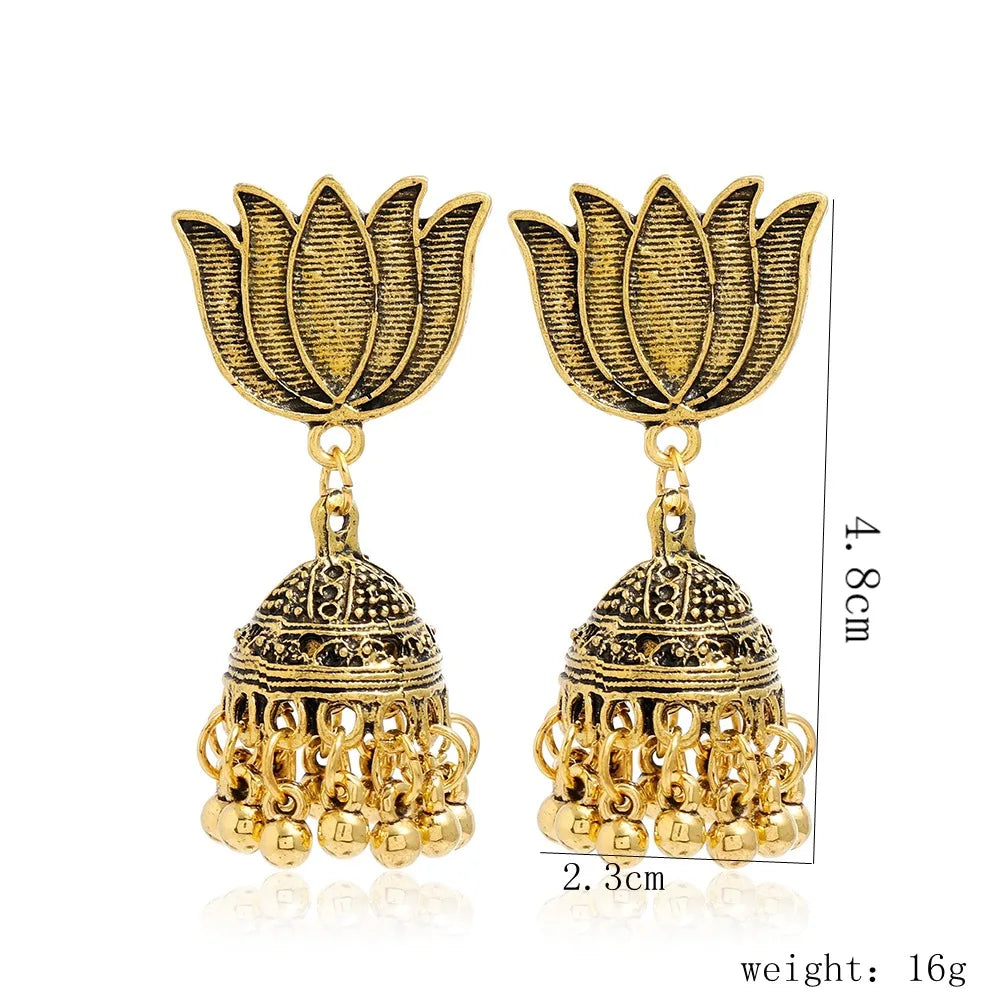 New Fashion Ethnic Style Alloy Retro Carved Beads Tassels Earrings Indian Jhumka Jewelry Women Daily Accessories
