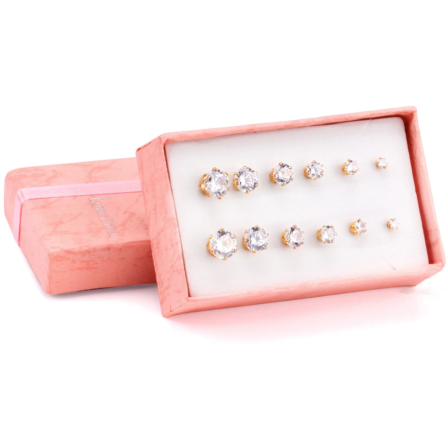 LUXUSTEEL 6Pairs/Set CZ Stud Earrings Stainless Steel Round White Cubic Zirconia Hypoallergenic 6 Claws Earring Trendy Jewelry