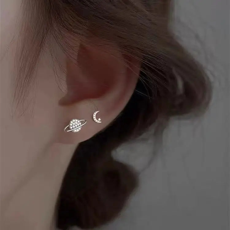 Simple Piercing Stud Earrings for Women Star Moon Zircon 925 Silver Needles Tragus Cartilage Asymmetry Pendiente Plata Jewelry