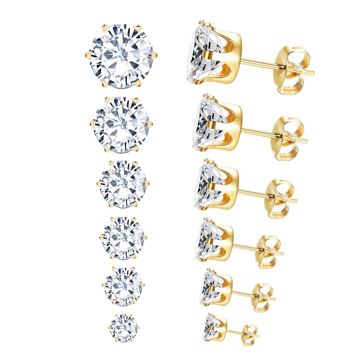 LUXUSTEEL 6Pairs/Set CZ Stud Earrings Stainless Steel Round White Cubic Zirconia Hypoallergenic 6 Claws Earring Trendy Jewelry