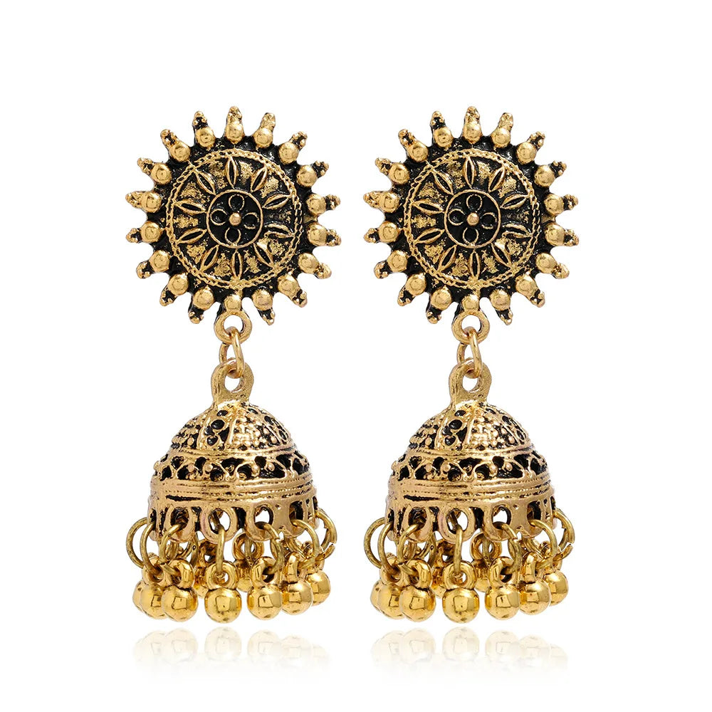 New Fashion Ethnic Style Alloy Retro Carved Beads Tassels Earrings Indian Jhumka Jewelry Women Daily Accessories